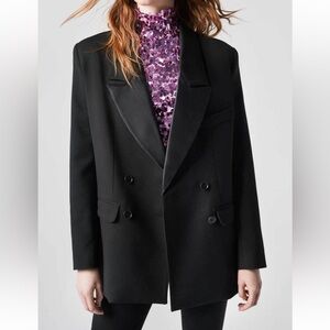 SMYTHE Oversized Double Breasted Tuxedo Blazer Black Satin Lapel Size S NWOT